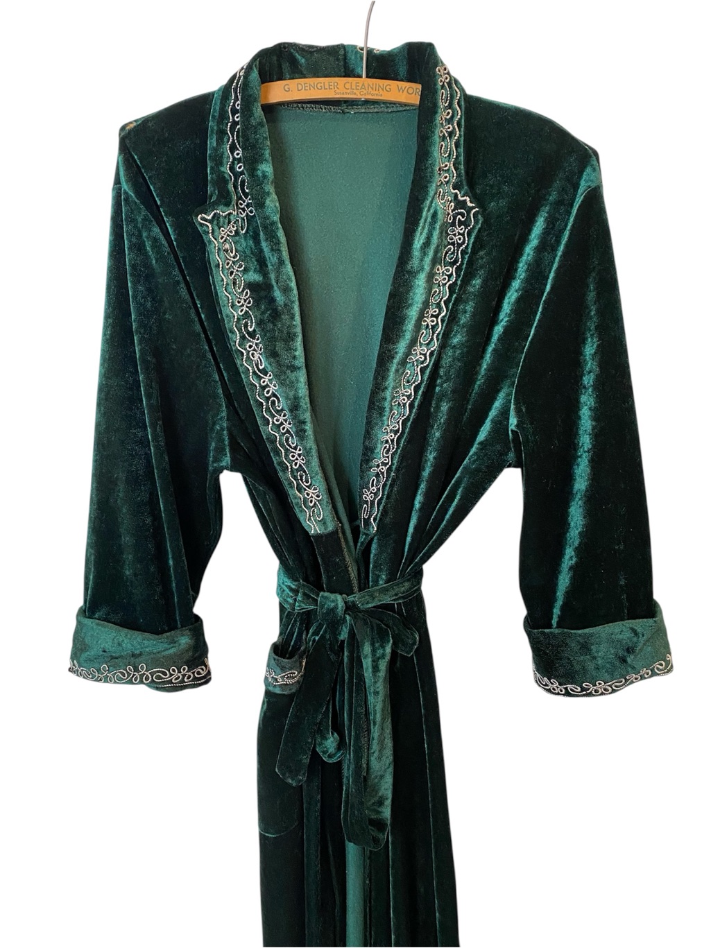 Vintage 1980s Luxe Velour Emerald Green Robe Embroidered